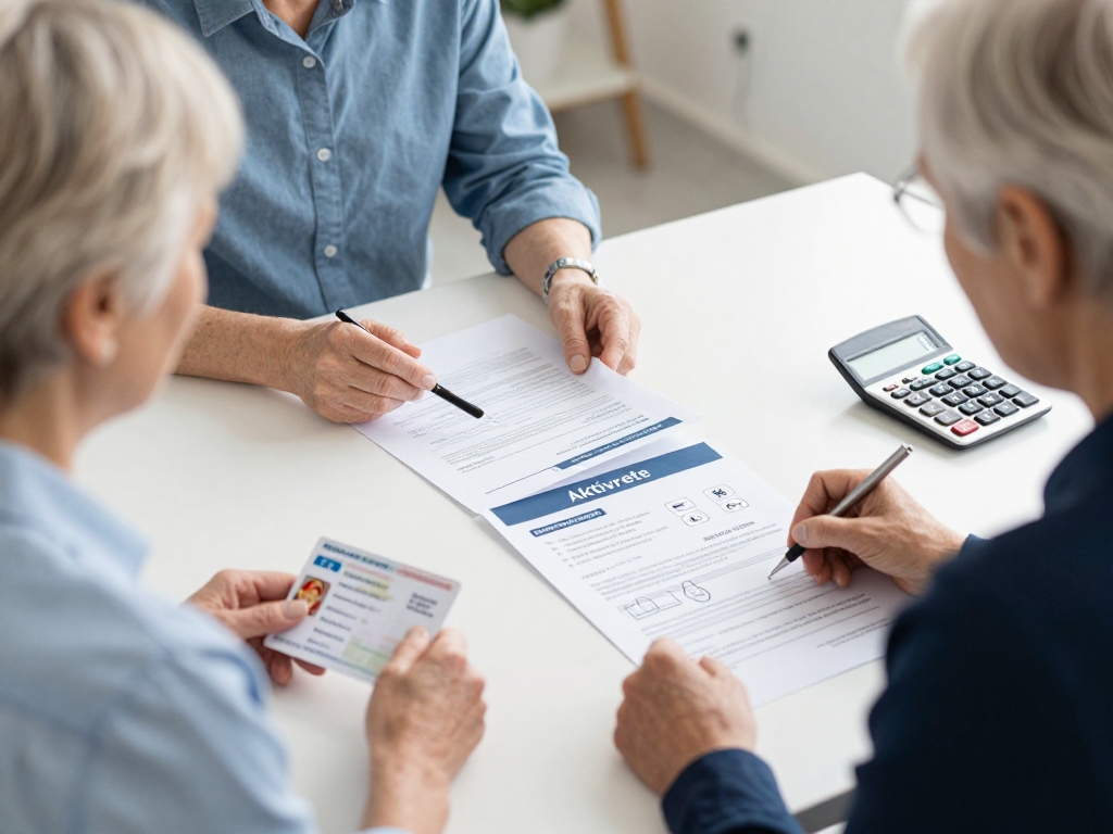 Seniorenpaar plant Aktivrente Antrag mit Berater - Arbeiten im Alter steuerfrei